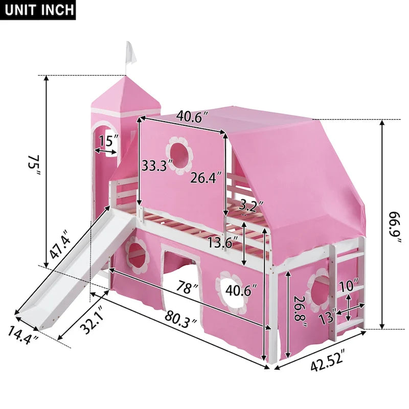 Cute Solid Wood House Loft Bed with Slide, Tent, and Tower for Bedroom