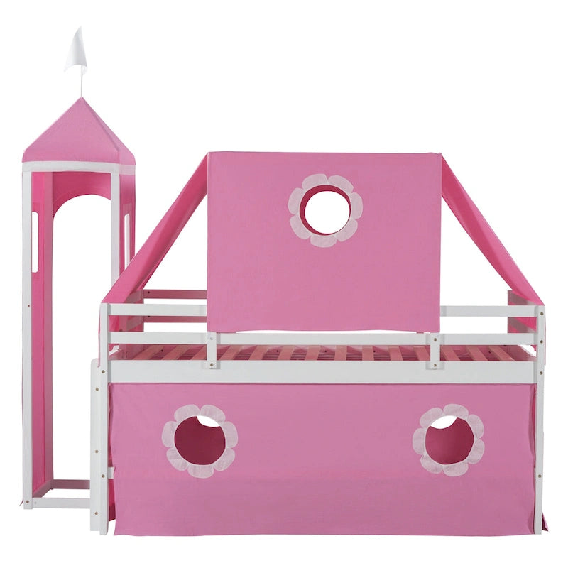 Cute Solid Wood House Loft Bed with Slide, Tent, and Tower for Bedroom