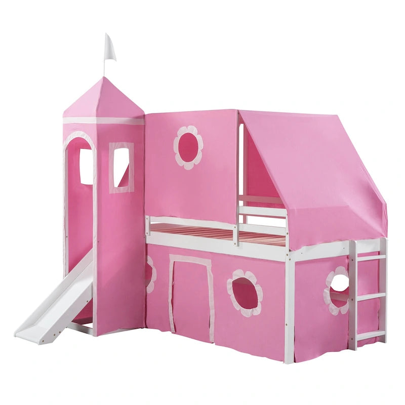 Cute Solid Wood House Loft Bed with Slide, Tent, and Tower for Bedroom