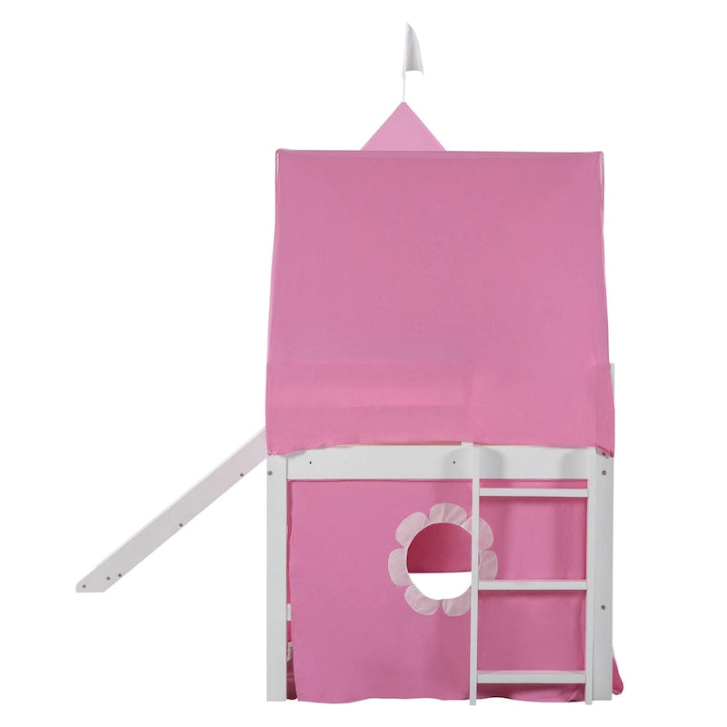 Cute Solid Wood House Loft Bed with Slide, Tent, and Tower for Bedroom