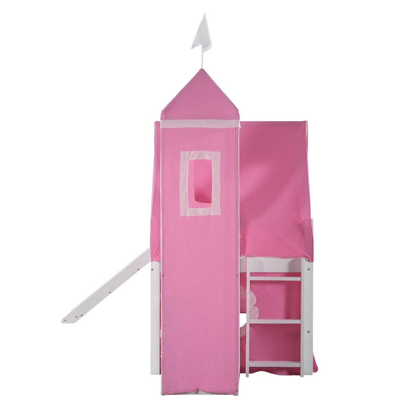 Cute Solid Wood House Loft Bed with Slide, Tent, and Tower for Bedroom