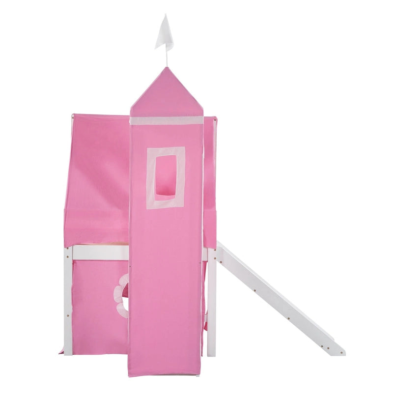 Cute Solid Wood House Loft Bed with Slide, Tent, and Tower for Bedroom