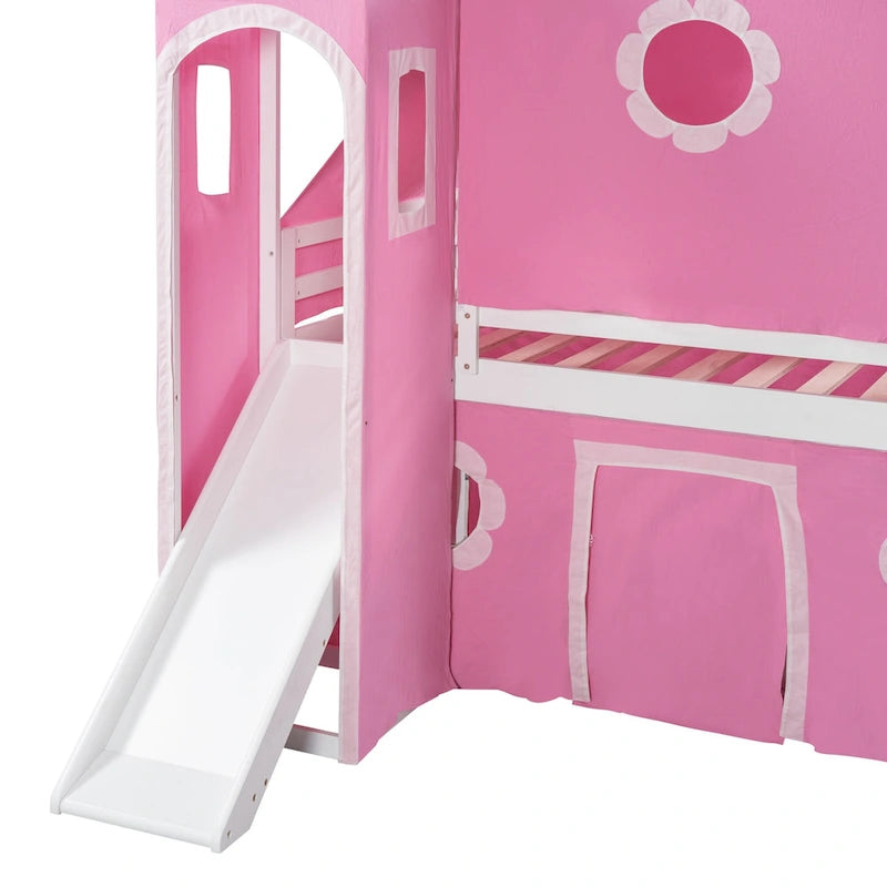 Cute Solid Wood House Loft Bed with Slide, Tent, and Tower for Bedroom