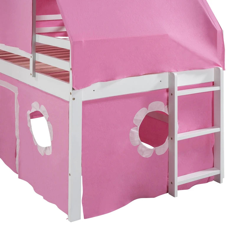 Cute Solid Wood House Loft Bed with Slide, Tent, and Tower for Bedroom