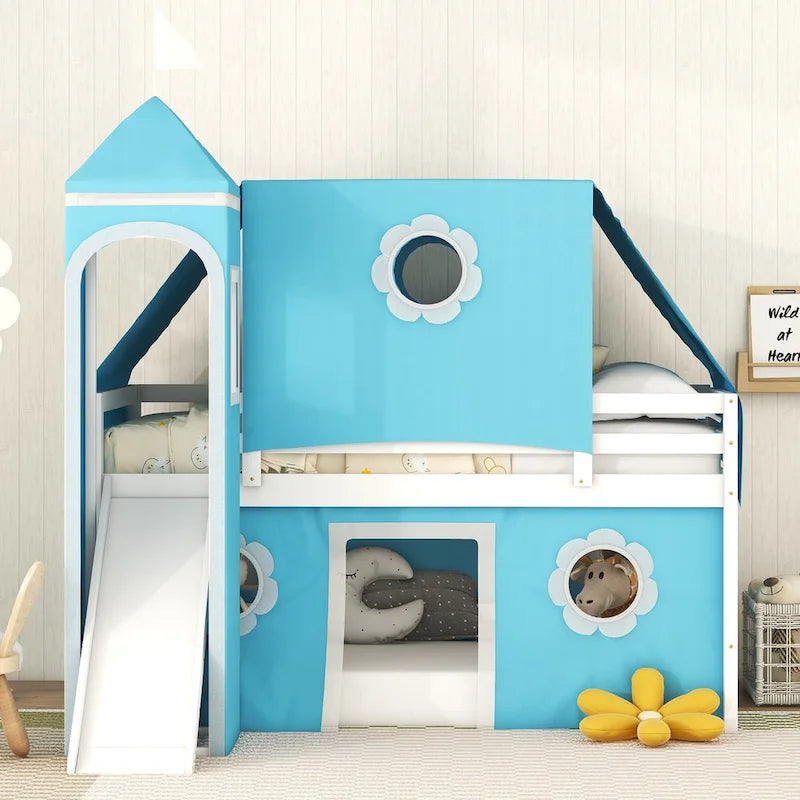 Cute Solid Wood House Loft Bed with Slide, Tent, and Tower for Bedroom