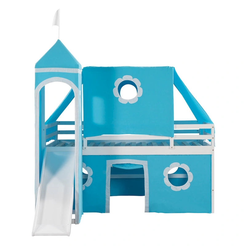Cute Solid Wood House Loft Bed with Slide, Tent, and Tower for Bedroom