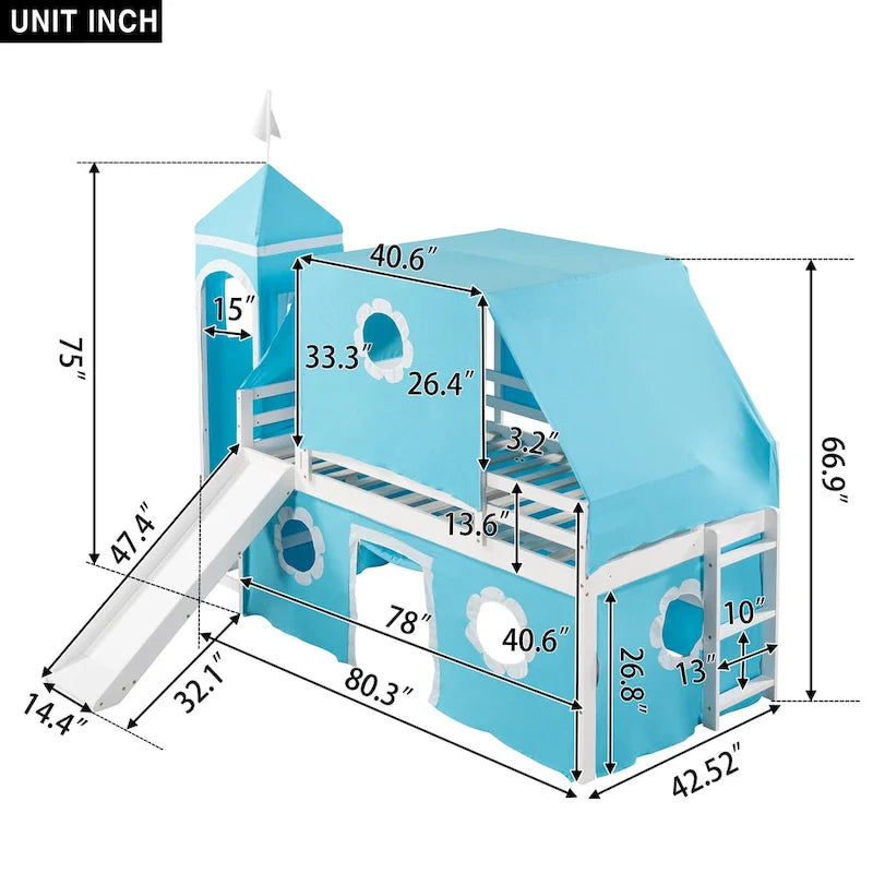 Cute Solid Wood House Loft Bed with Slide, Tent, and Tower for Bedroom