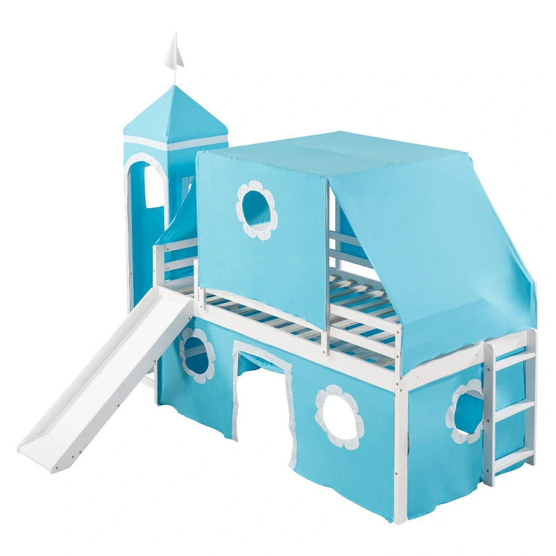 Cute Solid Wood House Loft Bed with Slide, Tent, and Tower for Bedroom