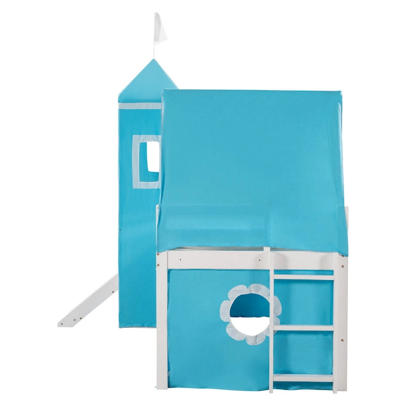 Cute Solid Wood House Loft Bed with Slide, Tent, and Tower for Bedroom