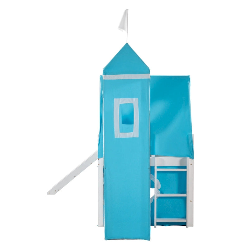 Cute Solid Wood House Loft Bed with Slide, Tent, and Tower for Bedroom