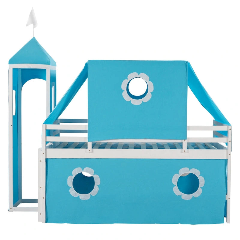 Cute Solid Wood House Loft Bed with Slide, Tent, and Tower for Bedroom