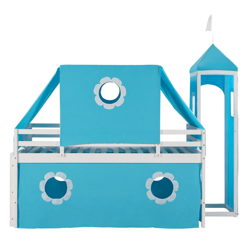 Cute Solid Wood House Loft Bed with Slide, Tent, and Tower for Bedroom