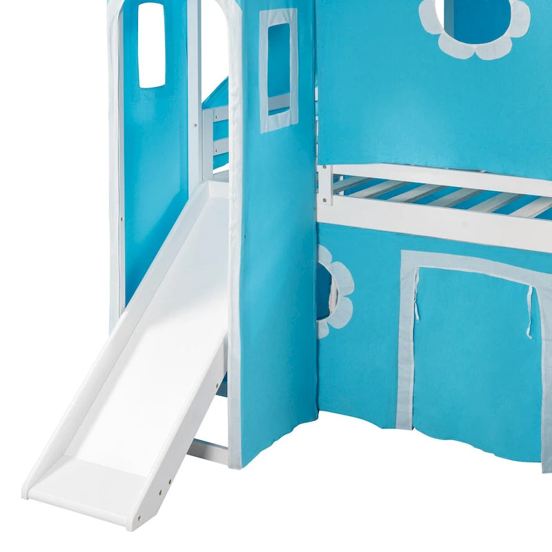 Cute Solid Wood House Loft Bed with Slide, Tent, and Tower for Bedroom