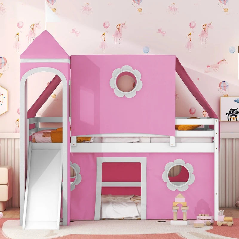 Cute Solid Wood House Loft Bed with Slide, Tent, and Tower for Bedroom
