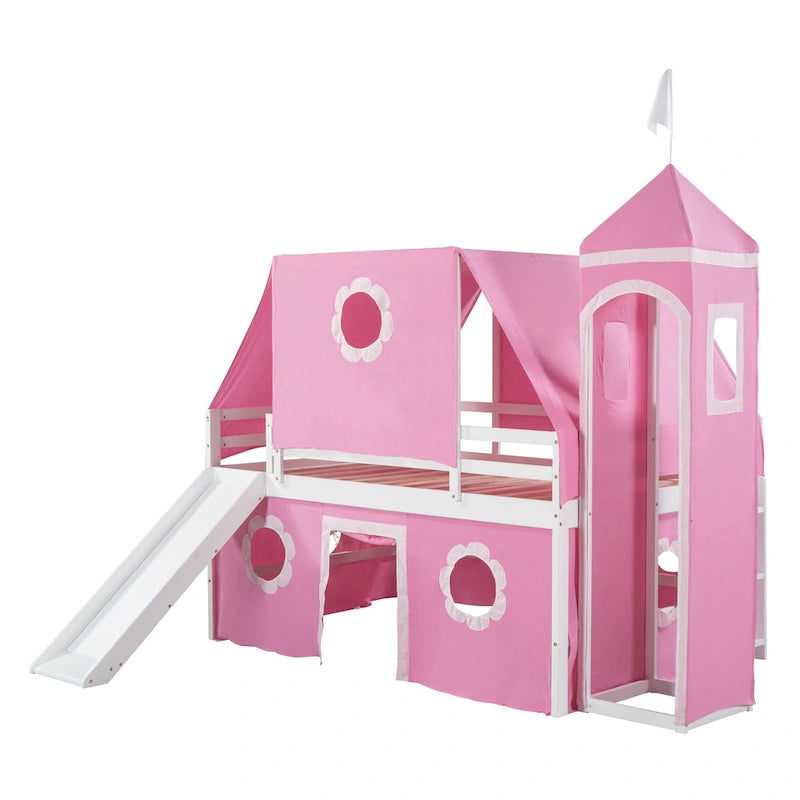 Cute Solid Wood House Loft Bed with Slide, Tent, and Tower for Bedroom