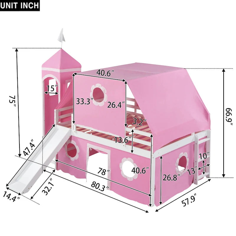 Cute Solid Wood House Loft Bed with Slide, Tent, and Tower for Bedroom
