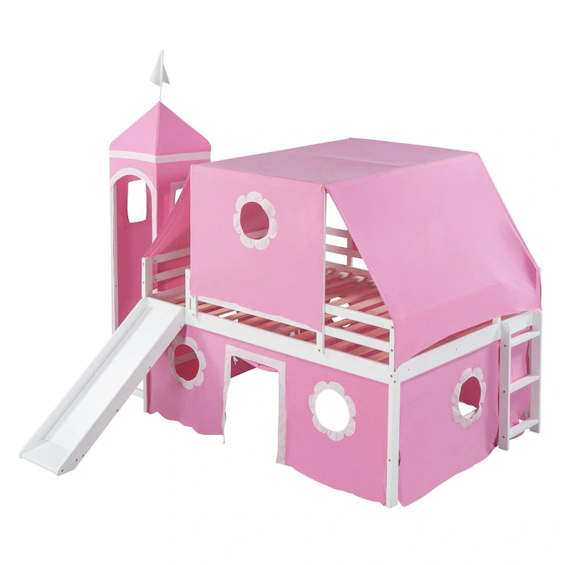 Cute Solid Wood House Loft Bed with Slide, Tent, and Tower for Bedroom