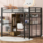 Full Size Metal Loft Bed with Built-in Wardrobe, Drawer, Desk, and Shelves