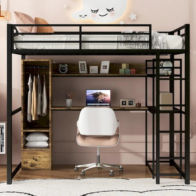 Full Size Metal Loft Bed with Built-in Wardrobe, Drawer, Desk, and Shelves