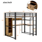 Full Size Metal Loft Bed with Built-in Wardrobe, Drawer, Desk, and Shelves