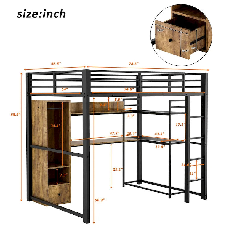 Full Size Metal Loft Bed with Built-in Wardrobe, Drawer, Desk, and Shelves