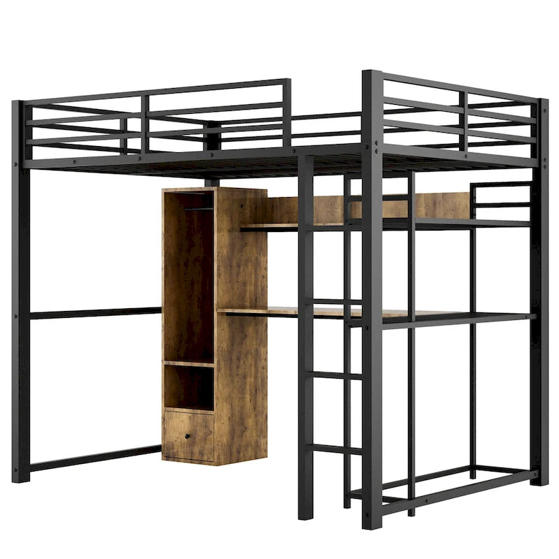 Full Size Metal Loft Bed with Built-in Wardrobe, Drawer, Desk, and Shelves