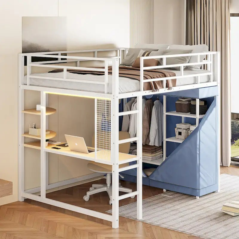 Full Size Metal Loft Bed with Built-in Desk, Wardrobe & Power Outlet - 350LB Capacity