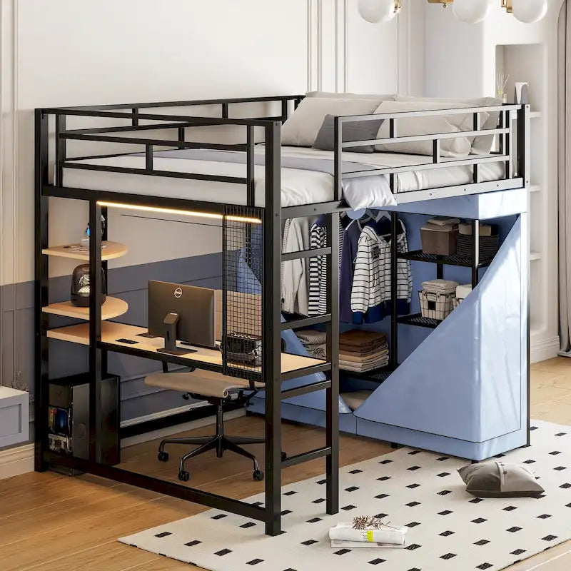 Full Size Metal Loft Bed with Built-in Desk, Wardrobe & Power Outlet - 350LB Capacity