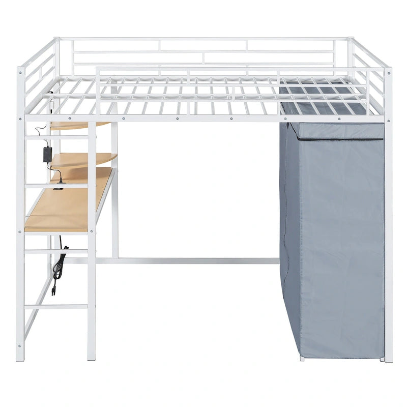 Full Size Metal Loft Bed with Built-in Desk, Wardrobe & Power Outlet - 350LB Capacity