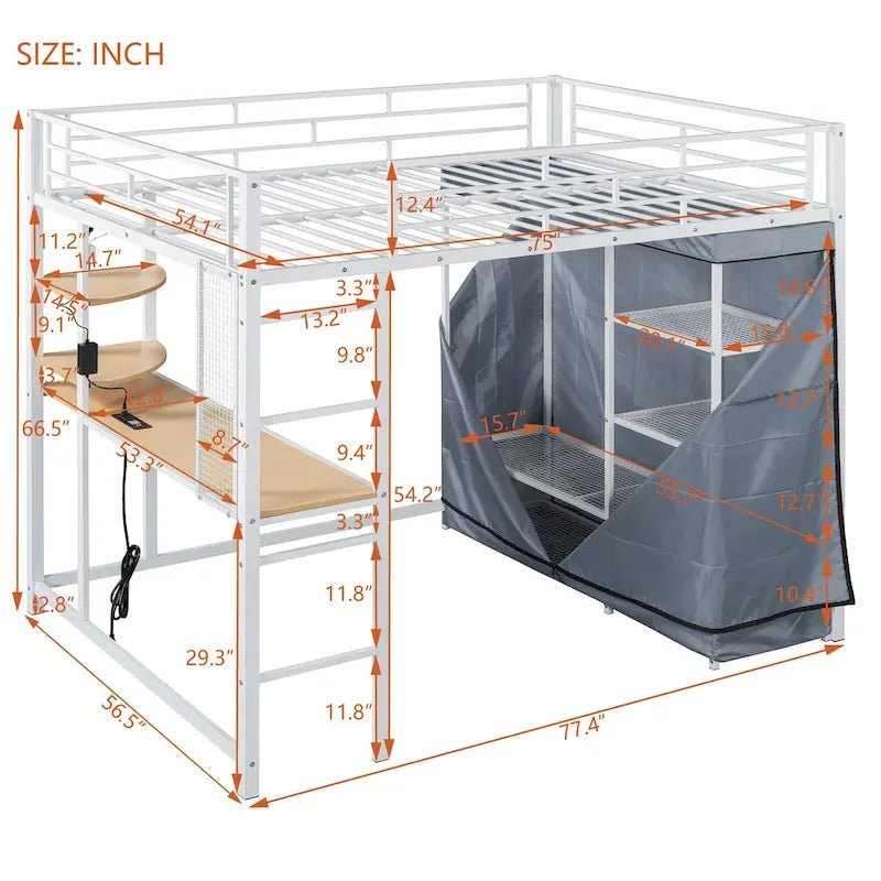 Full Size Metal Loft Bed with Built-in Desk, Wardrobe & Power Outlet - 350LB Capacity