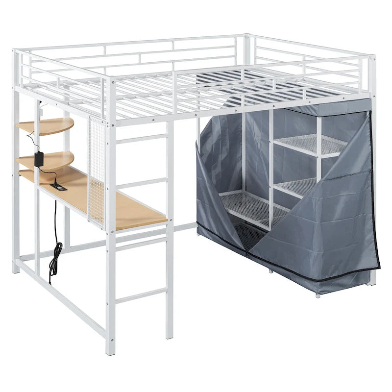 Full Size Metal Loft Bed with Built-in Desk, Wardrobe & Power Outlet - 350LB Capacity