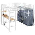 Full Size Metal Loft Bed with Built-in Desk, Wardrobe & Power Outlet - 350LB Capacity