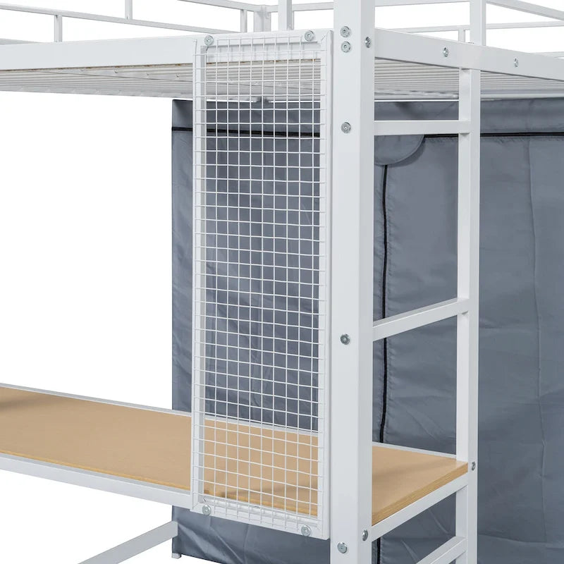 Full Size Metal Loft Bed with Built-in Desk, Wardrobe & Power Outlet - 350LB Capacity