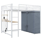 Full Size Metal Loft Bed with Built-in Desk, Wardrobe & Power Outlet - 350LB Capacity