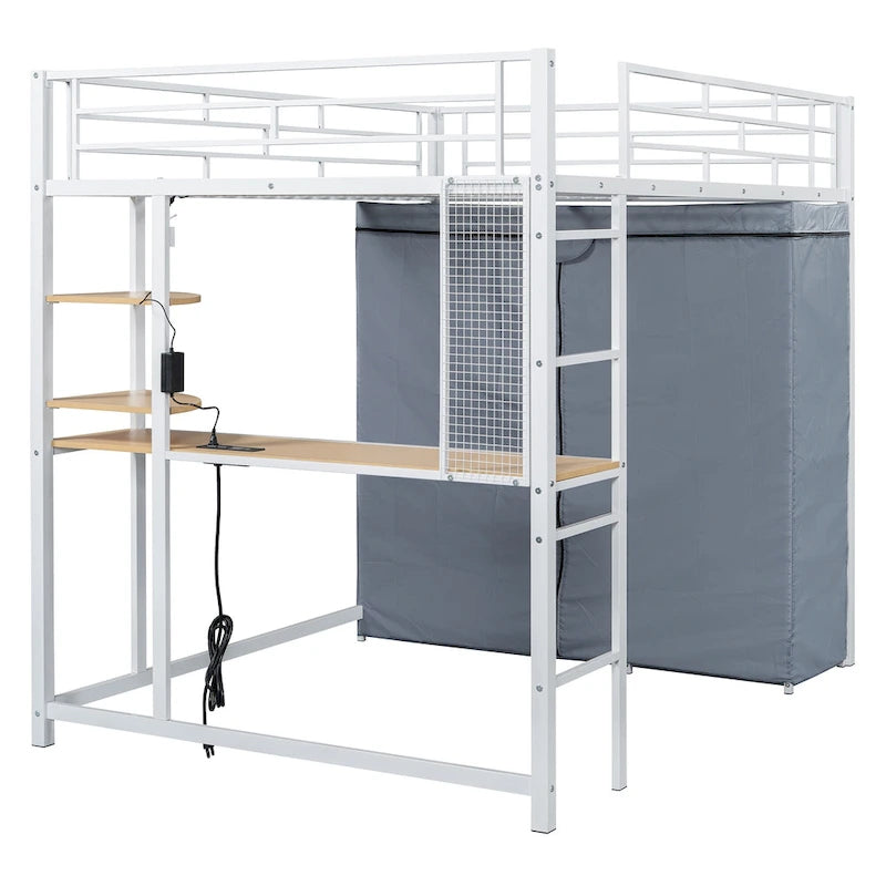 Full Size Metal Loft Bed with Built-in Desk, Wardrobe & Power Outlet - 350LB Capacity