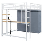 Full Size Metal Loft Bed with Built-in Desk, Wardrobe & Power Outlet - 350LB Capacity