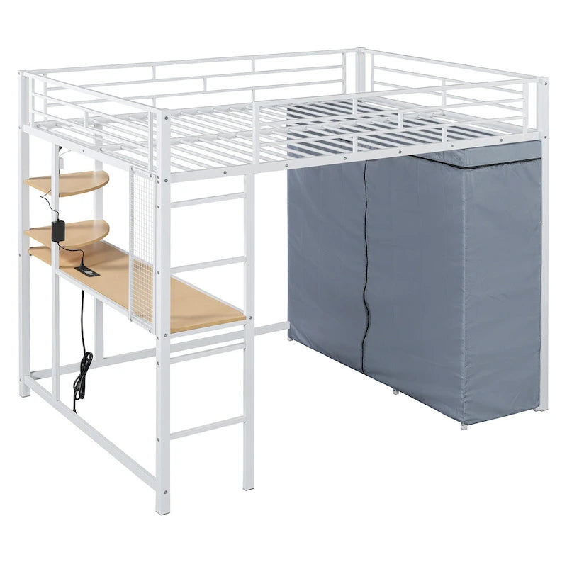 Full Size Metal Loft Bed with Built-in Desk, Wardrobe & Power Outlet - 350LB Capacity