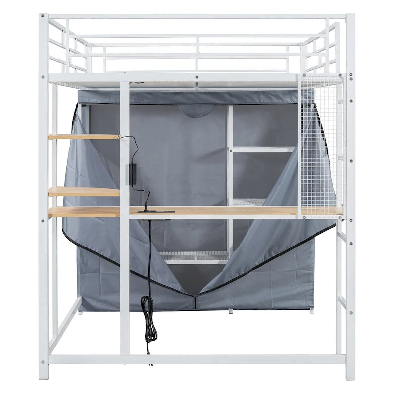 Full Size Metal Loft Bed with Built-in Desk, Wardrobe & Power Outlet - 350LB Capacity