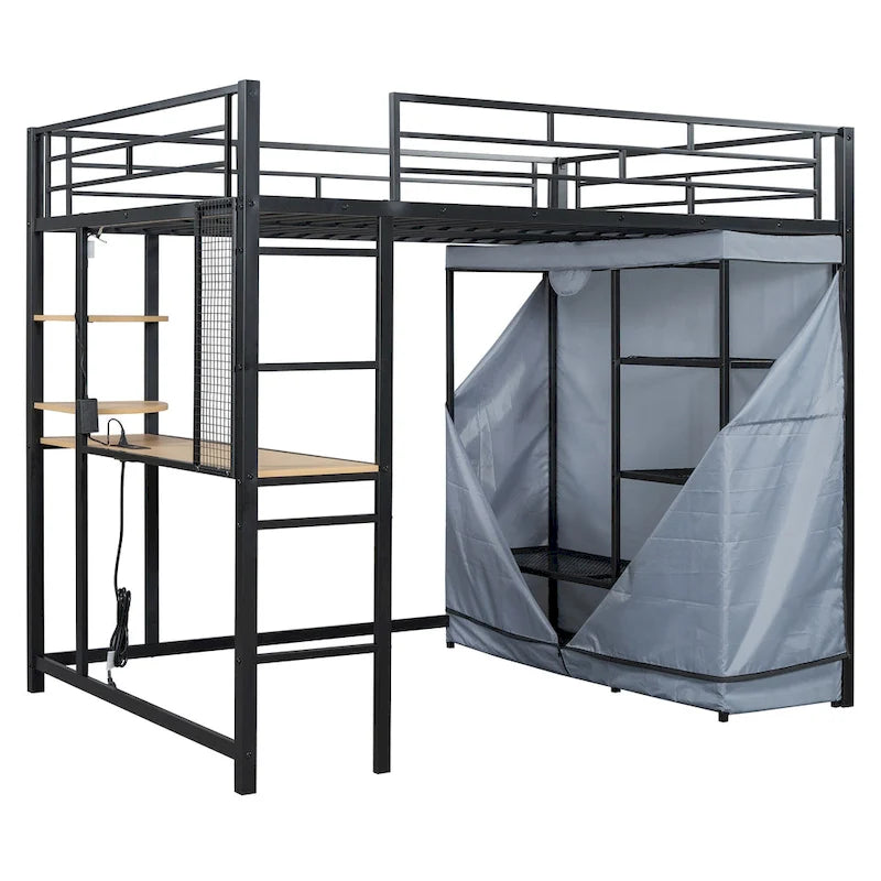 Full Size Metal Loft Bed with Built-in Desk, Wardrobe & Power Outlet - 350LB Capacity