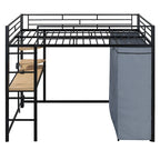 Full Size Metal Loft Bed with Built-in Desk, Wardrobe & Power Outlet - 350LB Capacity