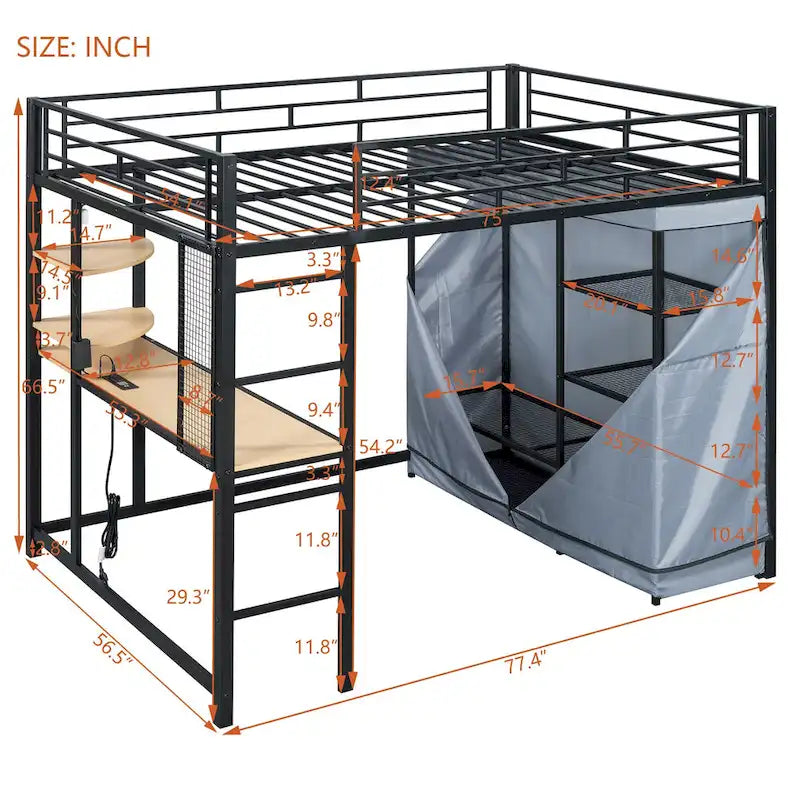 Full Size Metal Loft Bed with Built-in Desk, Wardrobe & Power Outlet - 350LB Capacity