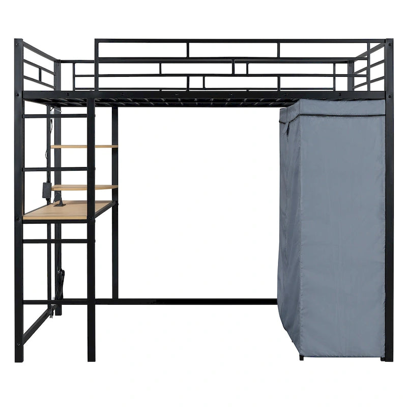 Full Size Metal Loft Bed with Built-in Desk, Wardrobe & Power Outlet - 350LB Capacity