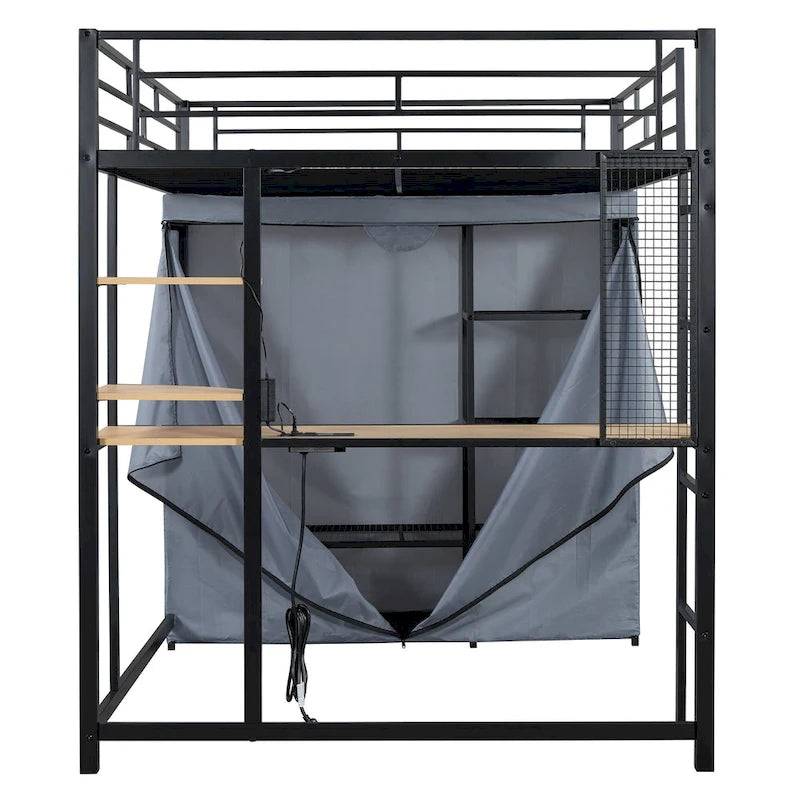 Full Size Metal Loft Bed with Built-in Desk, Wardrobe & Power Outlet - 350LB Capacity