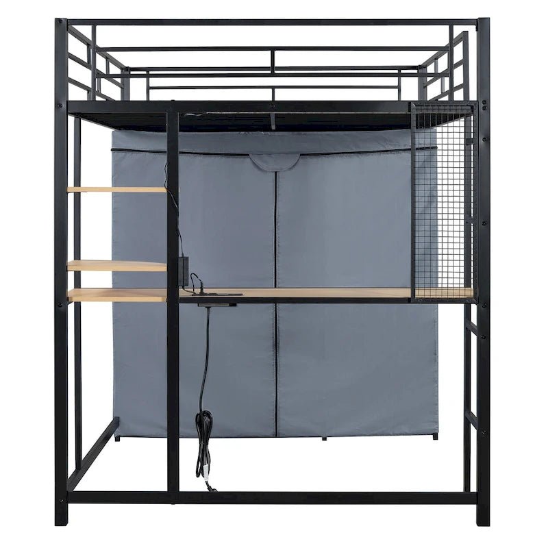 Full Size Metal Loft Bed with Built-in Desk, Wardrobe & Power Outlet - 350LB Capacity