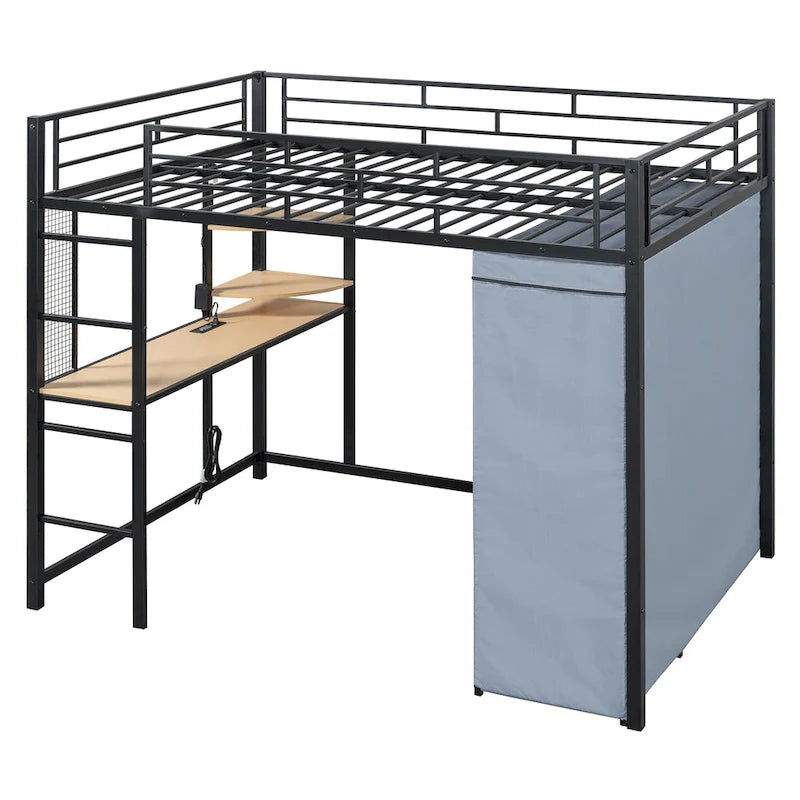 Full Size Metal Loft Bed with Built-in Desk, Wardrobe & Power Outlet - 350LB Capacity