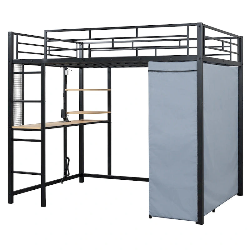 Full Size Metal Loft Bed with Built-in Desk, Wardrobe & Power Outlet - 350LB Capacity