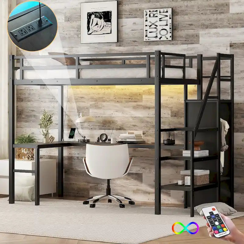 Twin XL Size Metal Loft Bed with L-shaped Desk, USB, Wardrobe, and Adjustable Shelf