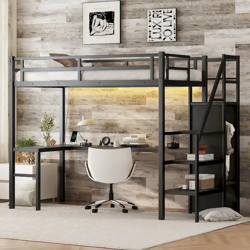 Twin XL Size Metal Loft Bed with L-shaped Desk, USB, Wardrobe, and Adjustable Shelf
