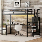 Twin XL Size Metal Loft Bed with L-shaped Desk, USB, Wardrobe, and Adjustable Shelf