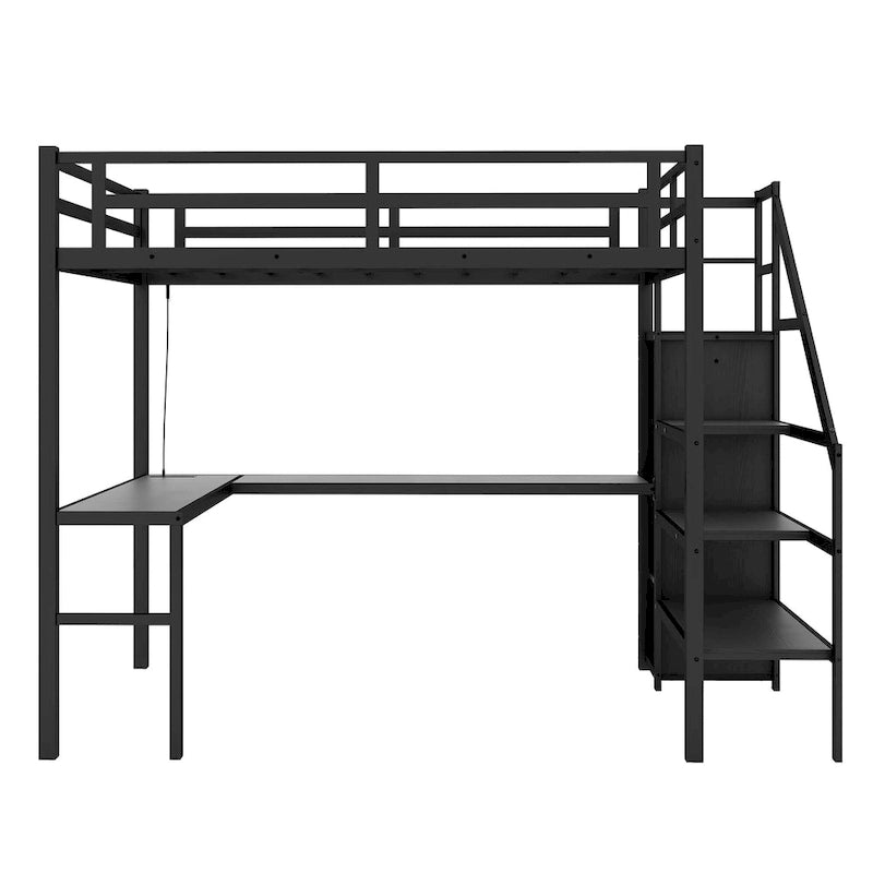 Twin XL Size Metal Loft Bed with L-shaped Desk, USB, Wardrobe, and Adjustable Shelf
